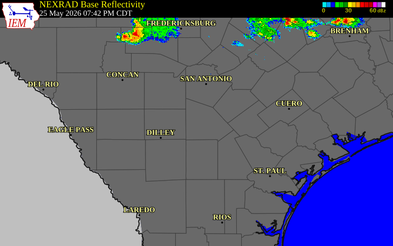 Radar snapshot during the May 25, 2026 hail event near 4 NE Charlotte, Atascosa County, Texas, with NWS warning polygons