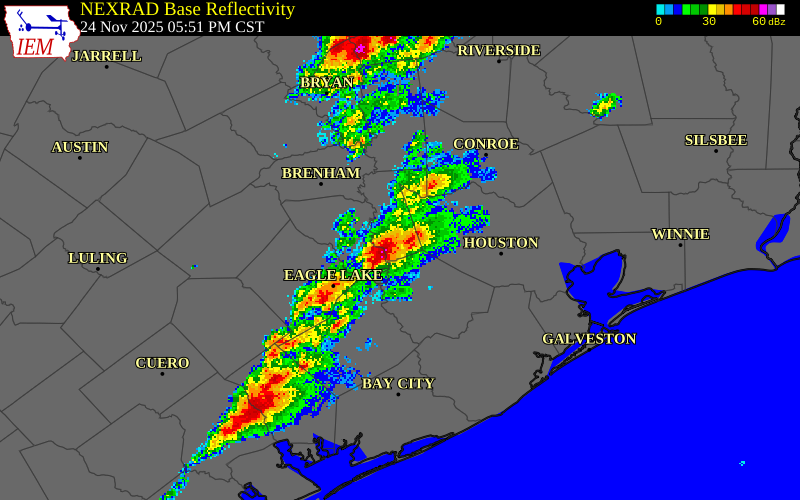 NEXRAD radar during the Monday, November 24, 2025 storm activity in Austin County, Texas