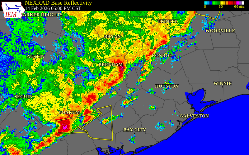 NEXRAD radar during the Saturday, February 14, 2026 storm activity in Austin County, Texas