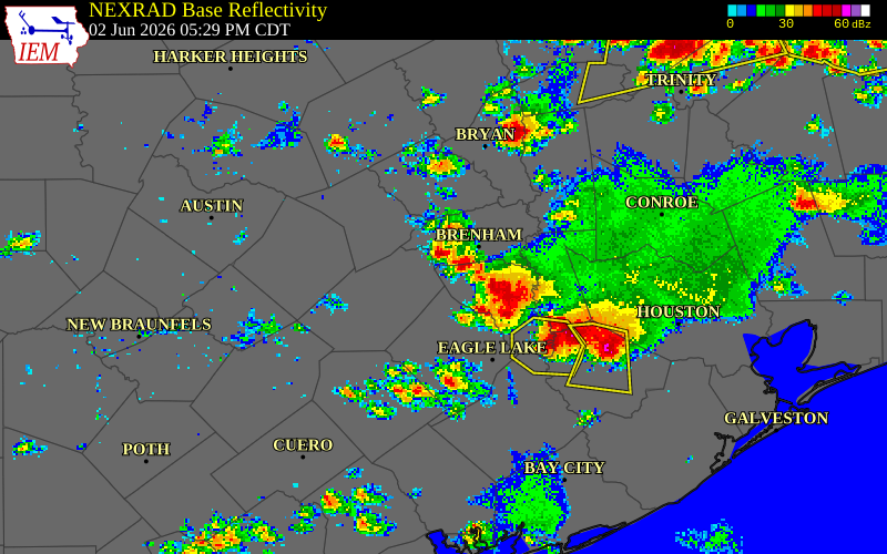 NEXRAD radar during the Tuesday, June 2, 2026 storm activity in Austin County, Texas