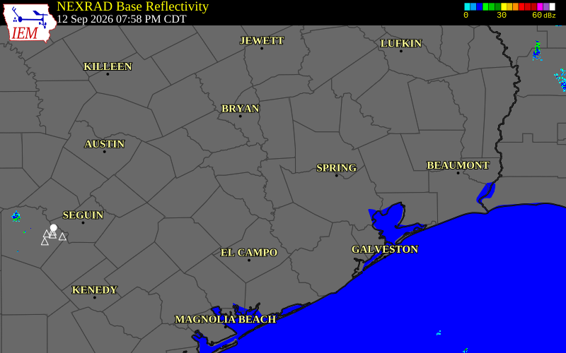 Current NEXRAD radar over Austin County, Texas with recent storm report locations