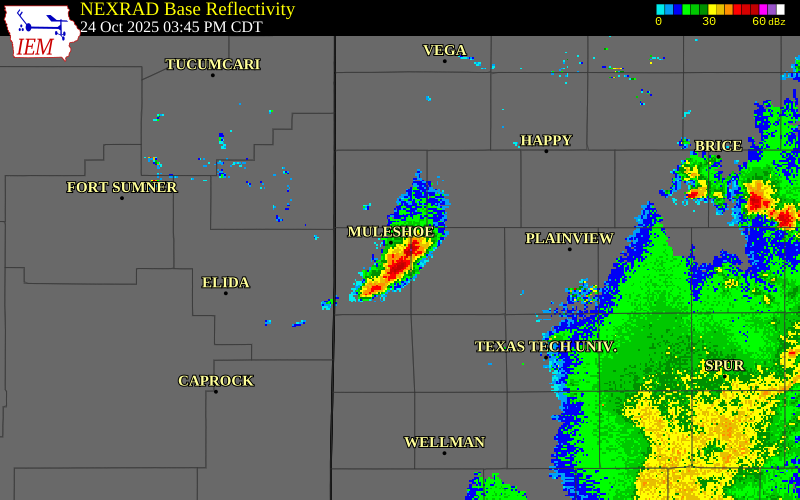 NEXRAD radar during the Friday, October 24, 2025 storm activity in Bailey County, Texas