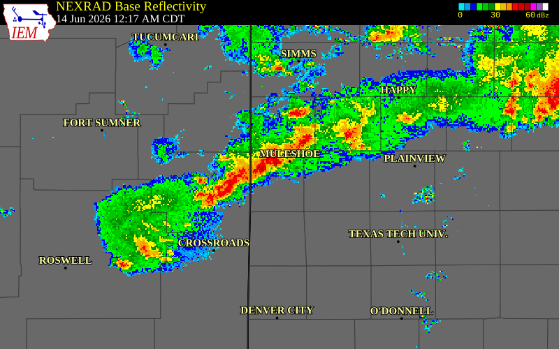 NEXRAD radar during the Sunday, June 14, 2026 storm activity in Bailey County, Texas