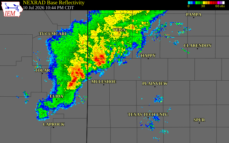 NEXRAD radar during the Friday, July 10, 2026 storm activity in Bailey County, Texas