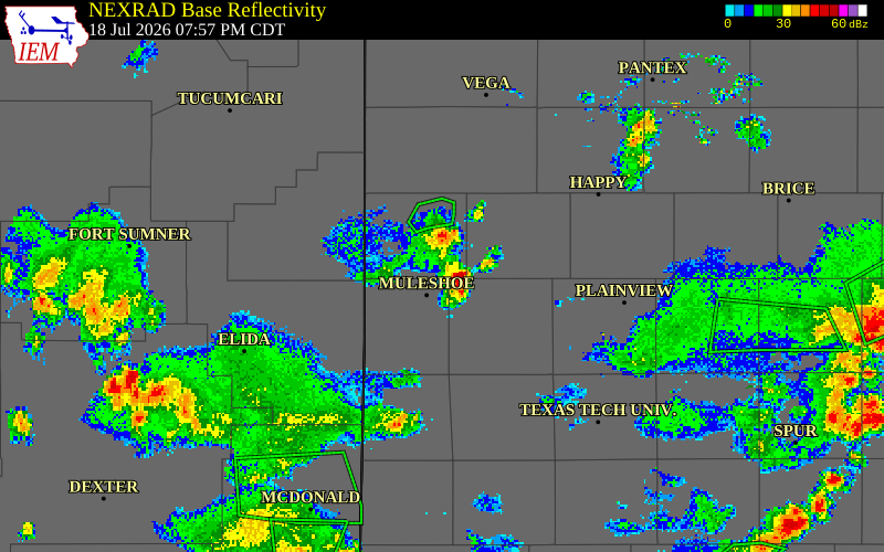 NEXRAD radar during the Saturday, July 18, 2026 storm activity in Bailey County, Texas