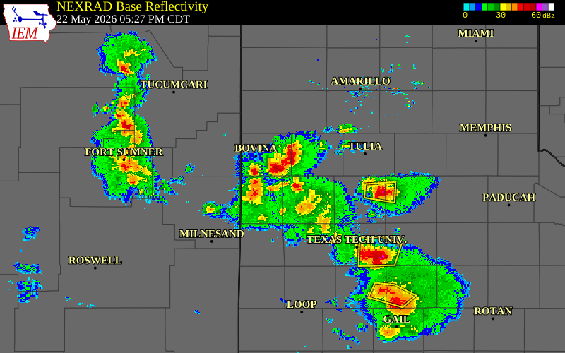 Radar snapshot during the May 22, 2026 tornado event near 6 S Lazbuddie, Bailey County, Texas, with NWS warning polygons