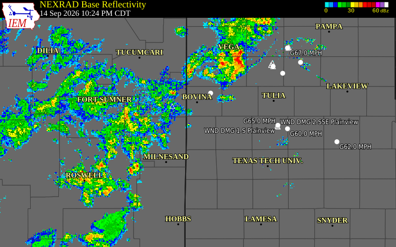 Current NEXRAD radar over Bailey County, Texas with recent storm report locations