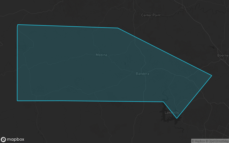 Map of Bandera County, Texas showing the county boundary and surrounding cities