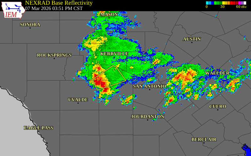 NEXRAD radar during the Saturday, March 7, 2026 storm activity in Bandera County, Texas