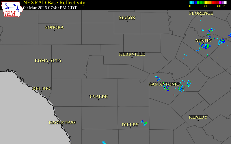 NEXRAD radar during the Monday, March 9, 2026 storm activity in Bandera County, Texas
