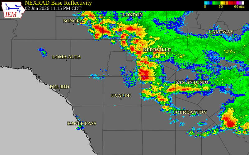 NEXRAD radar during the Tuesday, June 2, 2026 storm activity in Bandera County, Texas