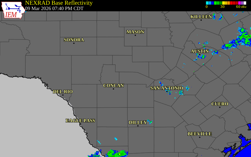 Radar snapshot during the Mar 9, 2026 hail event near 6 E Vanderpool, Bandera County, Texas, with NWS warning polygons