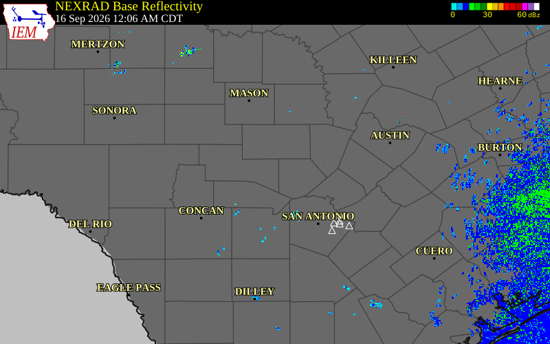 Current NEXRAD radar over Bandera County, Texas with recent storm report locations