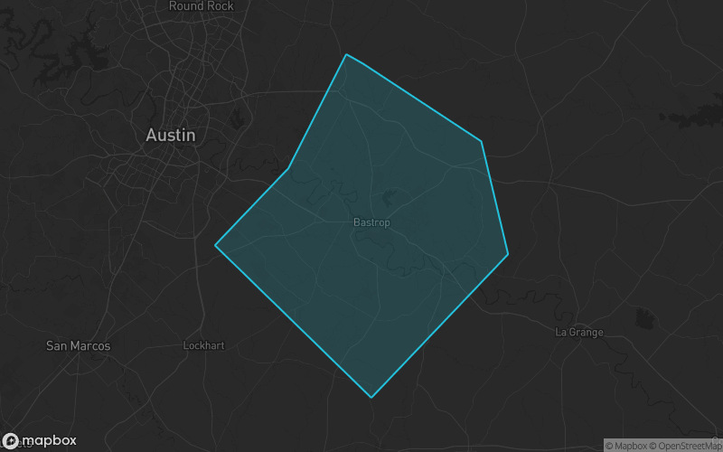 Map of Bastrop County, Texas showing the county boundary and surrounding cities