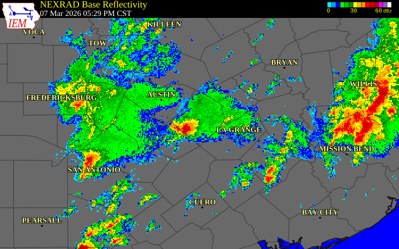 NEXRAD radar during the Saturday, March 7, 2026 storm activity in Bastrop County, Texas