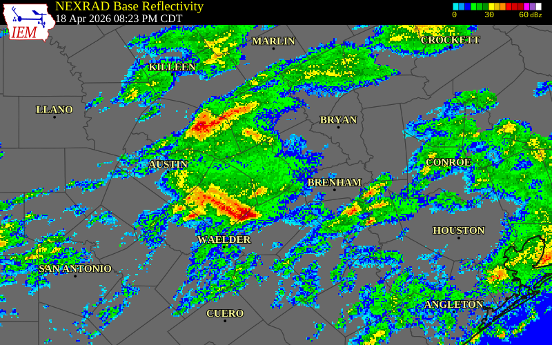 NEXRAD radar during the Saturday, April 18, 2026 storm activity in Bastrop County, Texas