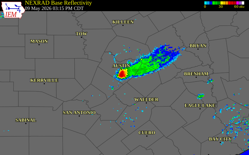 NEXRAD radar during the Saturday, May 9, 2026 storm activity in Bastrop County, Texas