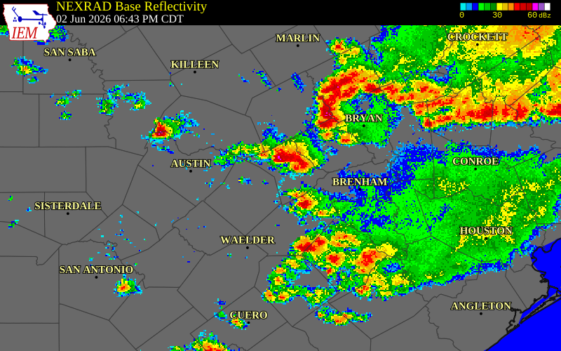 NEXRAD radar during the Tuesday, June 2, 2026 storm activity in Bastrop County, Texas