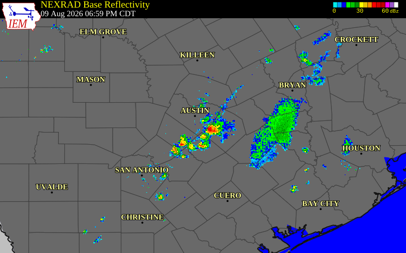 Radar snapshot during the Aug 9, 2026 wind event near Bastrop County, Bastrop County, Texas, with NWS warning polygons