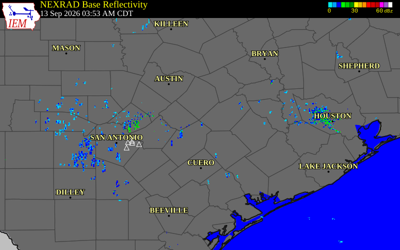 Current NEXRAD radar over Bastrop County, Texas with recent storm report locations