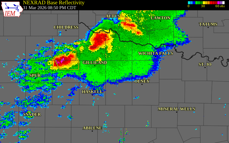 NEXRAD radar during the Tuesday, March 31, 2026 storm activity in Baylor County, Texas
