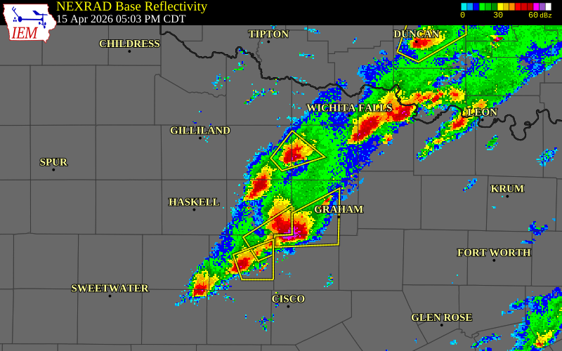 NEXRAD radar during the Wednesday, April 15, 2026 storm activity in Baylor County, Texas