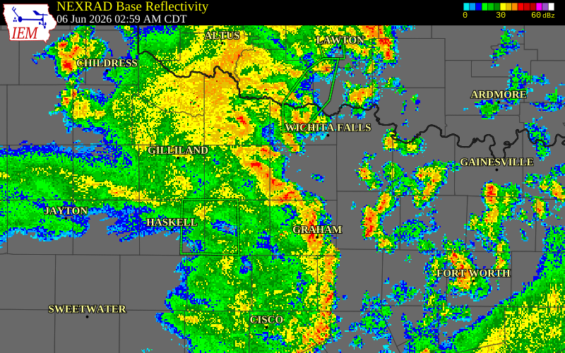 NEXRAD radar during the Saturday, June 6, 2026 storm activity in Baylor County, Texas