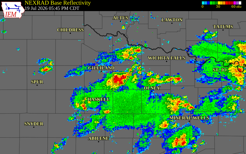 NEXRAD radar during the Sunday, July 19, 2026 storm activity in Baylor County, Texas