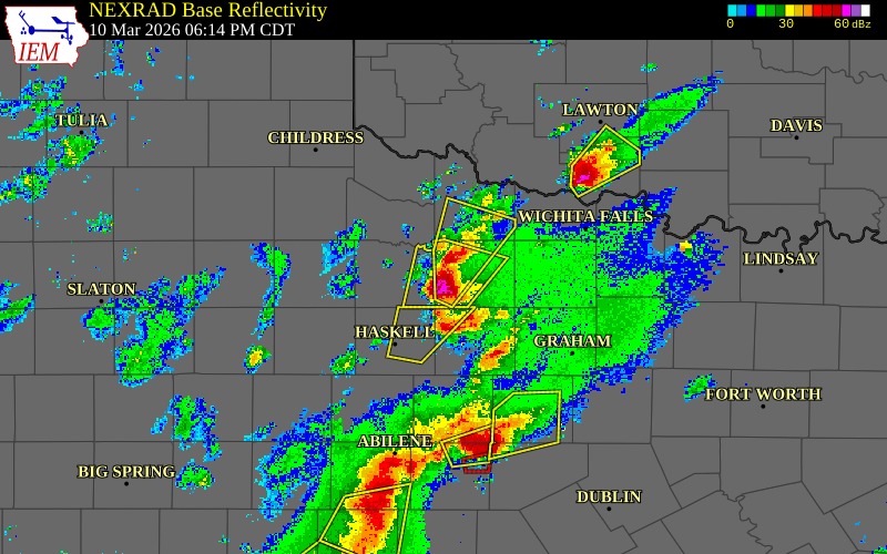 Radar snapshot during the Mar 10, 2026 hail event near 1 SSW Red Springs, Baylor County, Texas, with NWS warning polygons