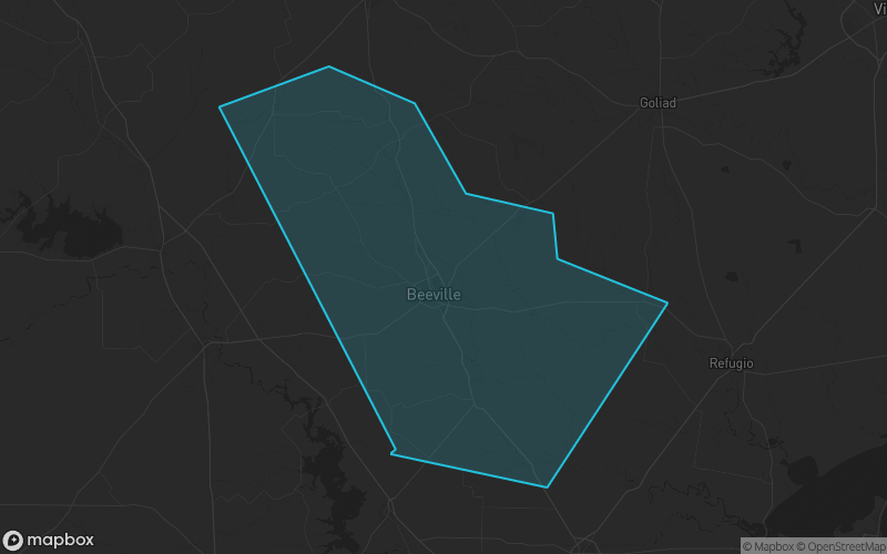 Map of Bee County, Texas showing the county boundary and surrounding cities