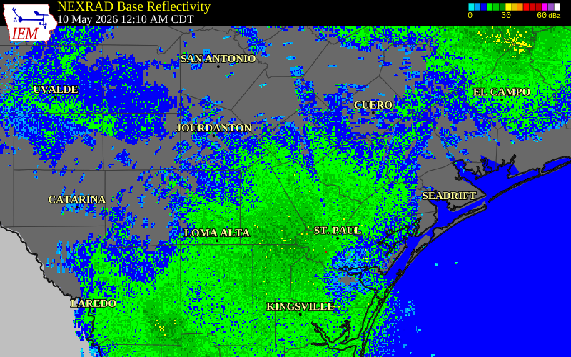 NEXRAD radar during the Sunday, May 10, 2026 storm activity in Bee County, Texas
