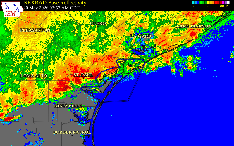 NEXRAD radar during the Wednesday, May 20, 2026 storm activity in Bee County, Texas