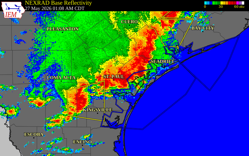 NEXRAD radar during the Wednesday, May 27, 2026 storm activity in Bee County, Texas