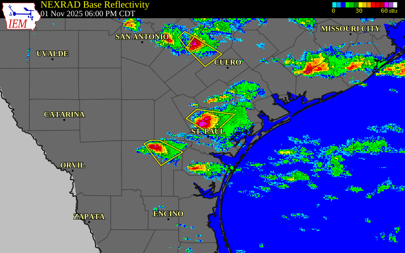 Radar snapshot during the May 10, 2026 wind event near 4 SSE Pawnee, Bee County, Texas, with NWS warning polygons
