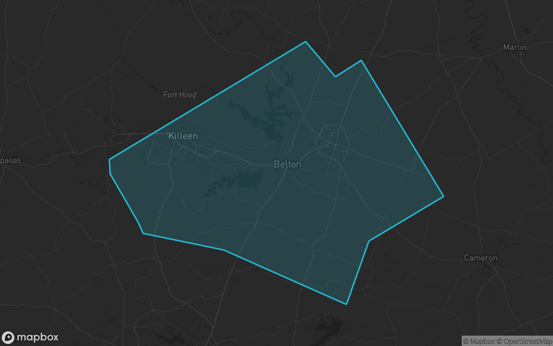 Map of Bell County, Texas showing the county boundary and surrounding cities