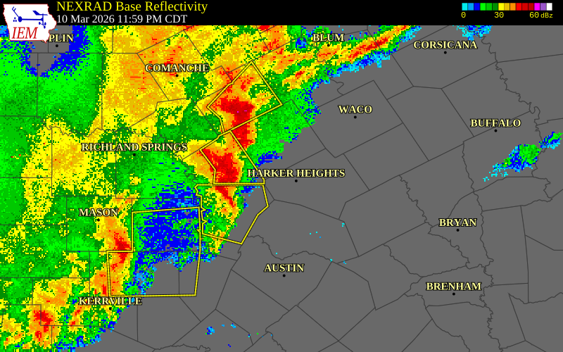 NEXRAD radar during the Tuesday, March 10, 2026 storm activity in Bell County, Texas