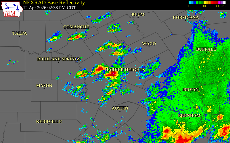 NEXRAD radar during the Sunday, April 12, 2026 storm activity in Bell County, Texas