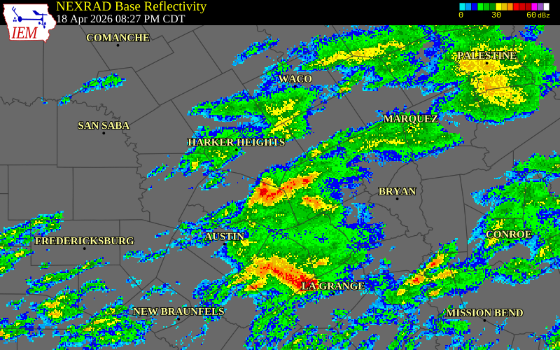 NEXRAD radar during the Saturday, April 18, 2026 storm activity in Bell County, Texas