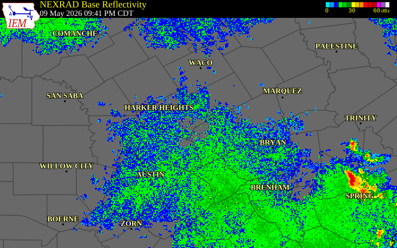 NEXRAD radar during the Saturday, May 9, 2026 storm activity in Bell County, Texas