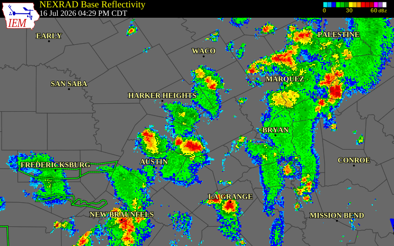 NEXRAD radar during the Thursday, July 16, 2026 storm activity in Bell County, Texas