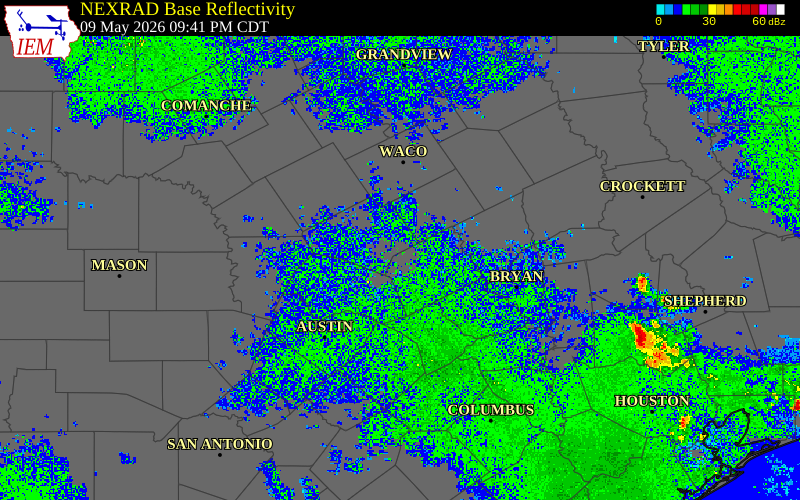 Radar snapshot during the May 9, 2026 hail event near 1 ENE Rogers, Bell County, Texas, with NWS warning polygons
