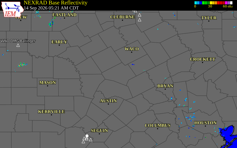 Current NEXRAD radar over Bell County, Texas with recent storm report locations