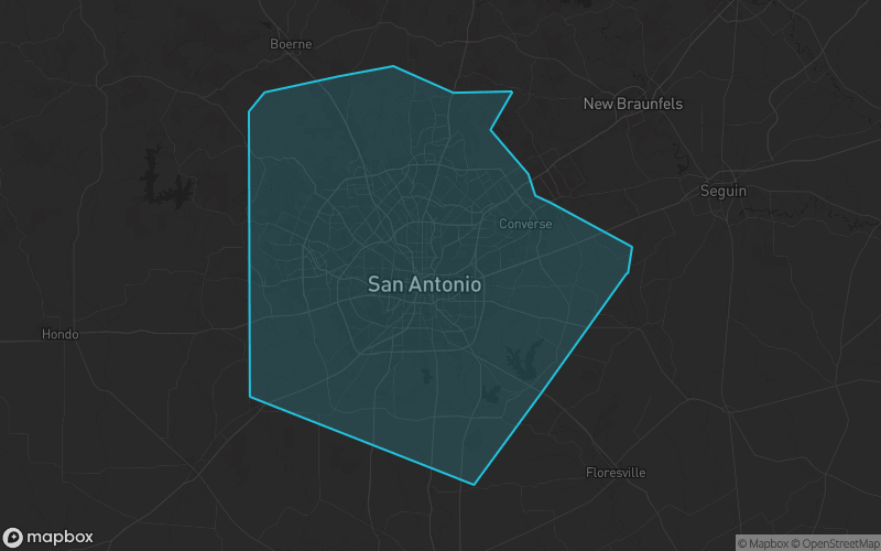 Map of Bexar County, Texas showing the county boundary and surrounding cities