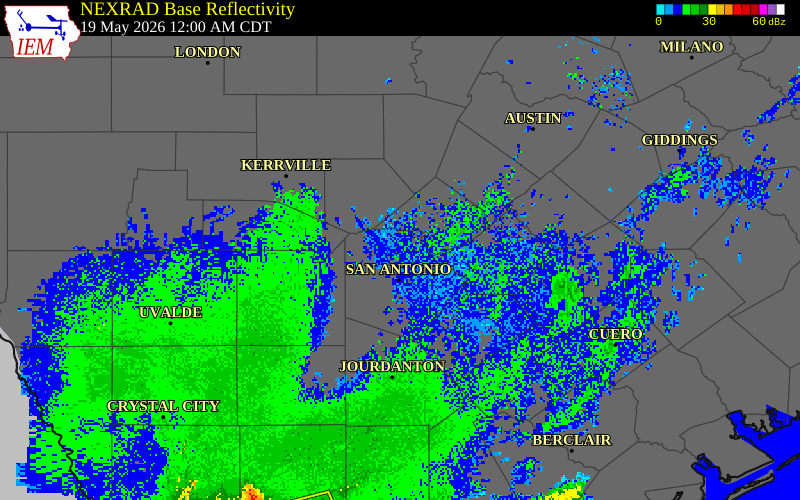 NEXRAD radar during the Tuesday, May 19, 2026 storm activity in Bexar County, Texas
