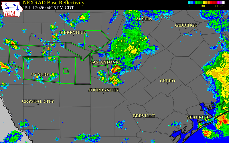 NEXRAD radar during the Wednesday, July 15, 2026 storm activity in Bexar County, Texas