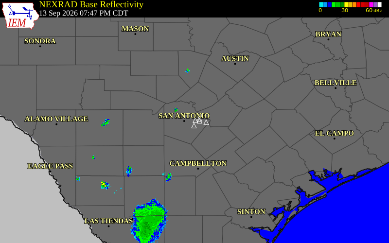 Current NEXRAD radar over Bexar County, Texas with recent storm report locations