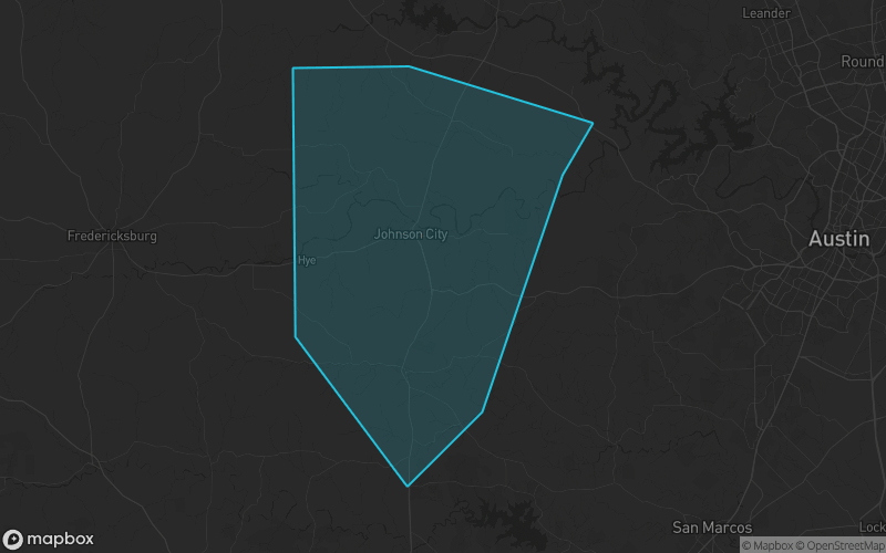 Map of Blanco County, Texas showing the county boundary and surrounding cities