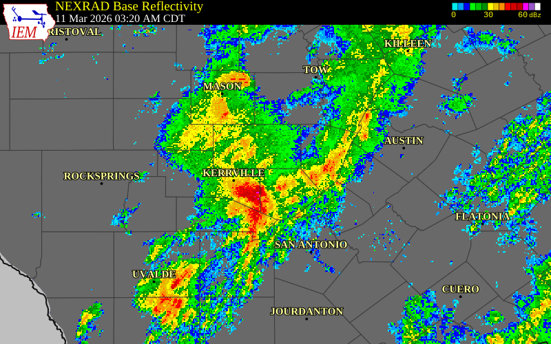NEXRAD radar during the Wednesday, March 11, 2026 storm activity in Blanco County, Texas