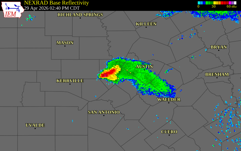 NEXRAD radar during the Wednesday, April 29, 2026 storm activity in Blanco County, Texas