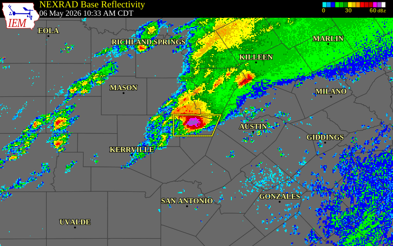 NEXRAD radar during the Wednesday, May 6, 2026 storm activity in Blanco County, Texas